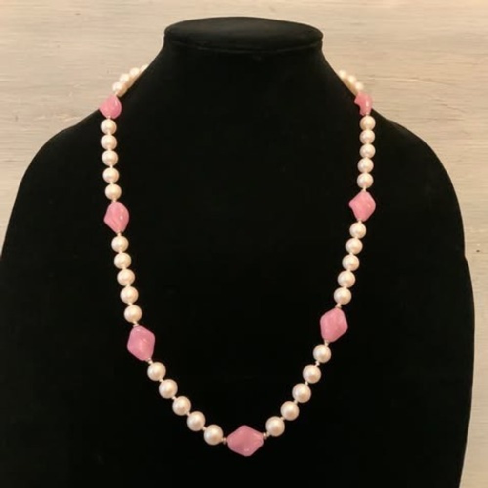 Vintage Faux Pearl with Faux Rose Quartz‎ Alternating String Beaded Necklace GC